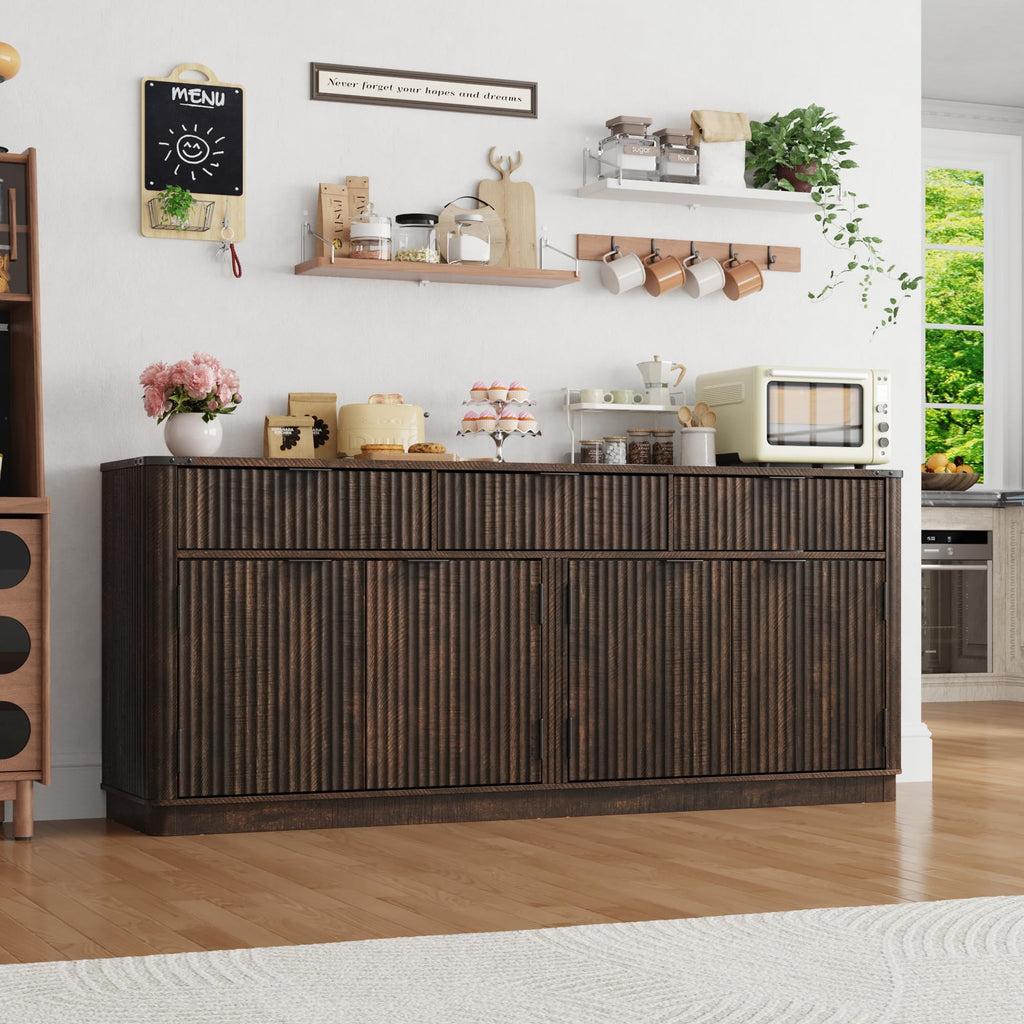 70" Rounded Edge Large Sideboard Buffet Cabinet with 3 Storage Drawers, Farmhouse Kitchen Fluted Sideboard Cabinet w 4
