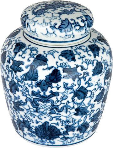 Small Decorative Ceramic Ginger Jar with Lid, Blue and White Floral Pattern