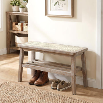 Rattan Entryway Bench with Shoe Rack Natural Wood Storage Bench Indoor Wicker 30 Inches Small Bench Farmhouse Cane