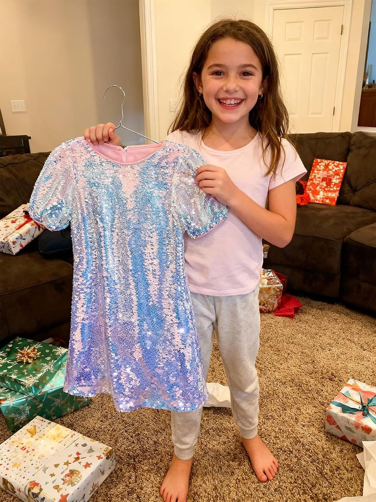 Girls Sparkly Sequin Dress Puff Sleeve for Kids Party Birthday