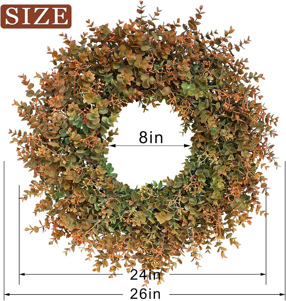 26"Artificial Eucalyptus Wreath with Seed for Front Door Decor(Fall Orange)