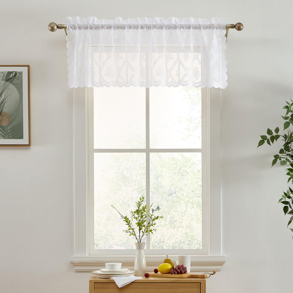 Isabella White Lace Valance Curtains, Sheer Topper, 54x18 inch