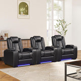 Power Theater Recliners Set of 3, Electric Home Theater Seating, Black Faux Leather Recliner with Adjustable Headrest, Movie Recliner Theater Chairs with LED,USB, Cup Holders, Hidden Arm Storage A120-B0D8C1HGPS