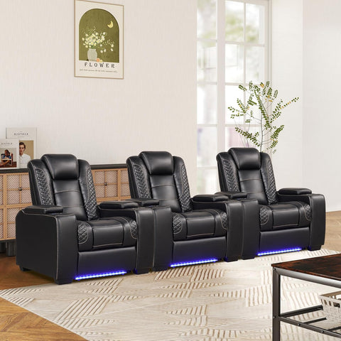 Power Theater Recliners Set of 3, Electric Home Theater Seating, Black Faux Leather Recliner with Adjustable Headrest, Movie Recliner Theater Chairs with LED,USB, Cup Holders, Hidden Arm Storage A120-B0D8C1HGPS