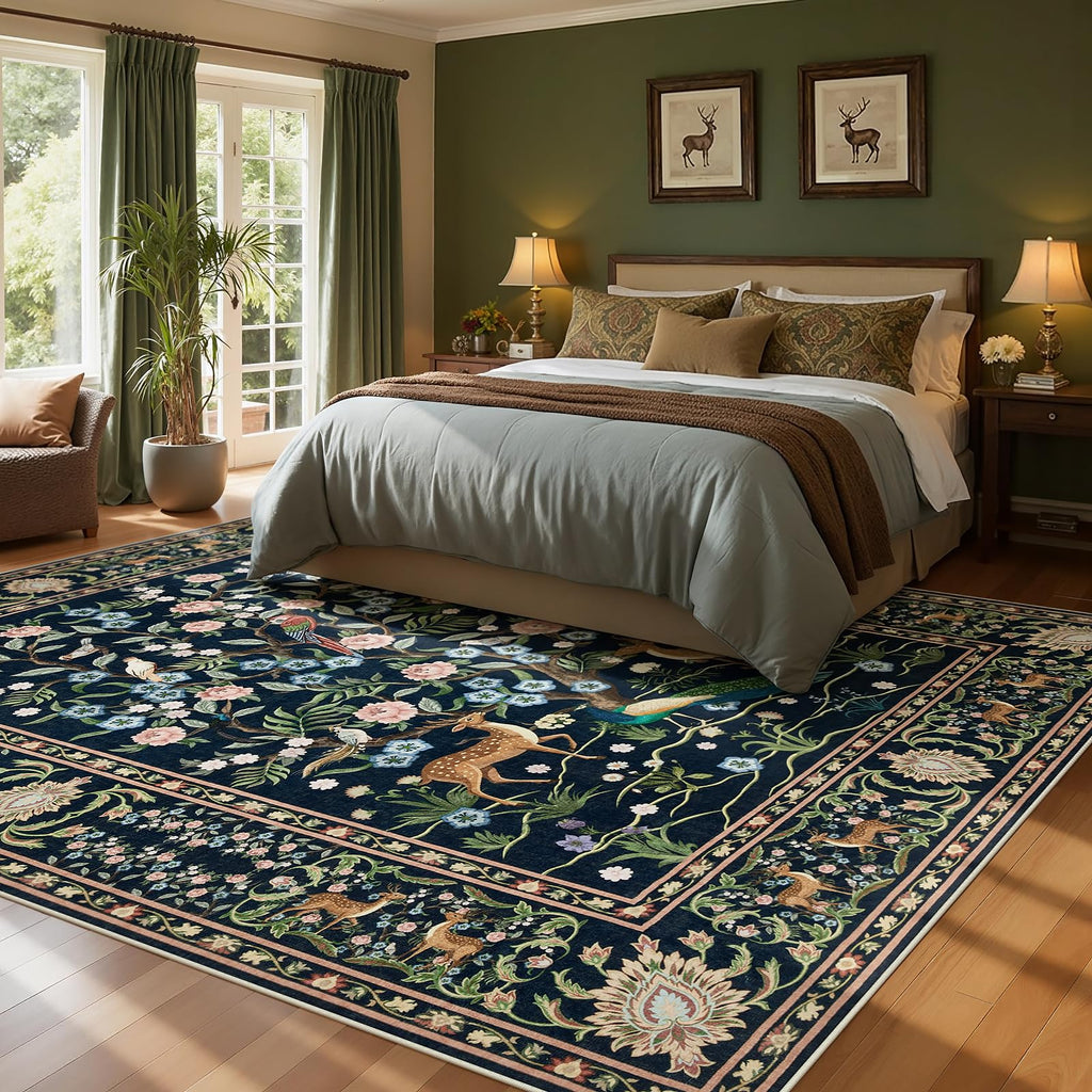 Area Rugs, Washable Boho Floral Large Carpet Black