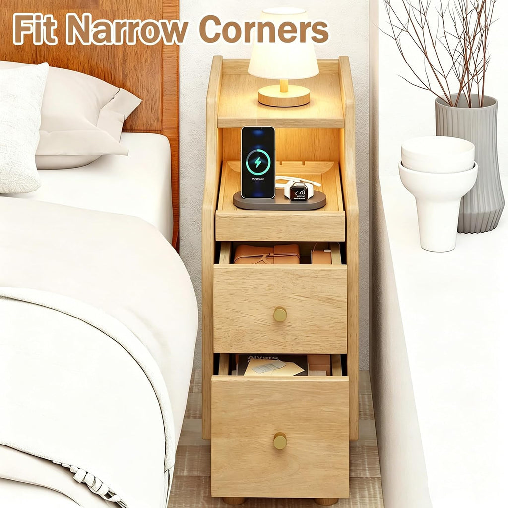 Narrow Solid Wood Nightstand with 2 Drawers & Pull-Out Tray, Natural