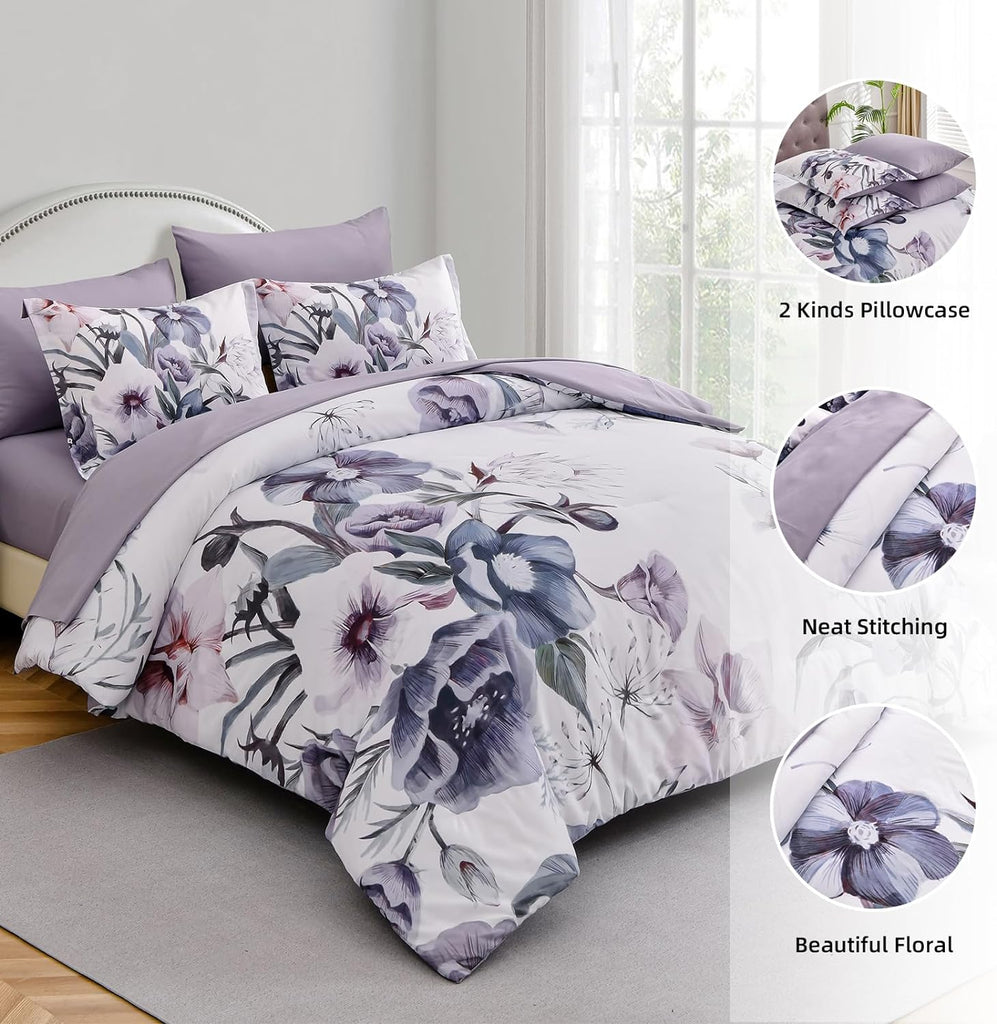 Luxudecor Floral Comforter Set Queen 7 Piece, Purple Flower Bed in a Bag, Elegant Floral Comforter with Sheet Set