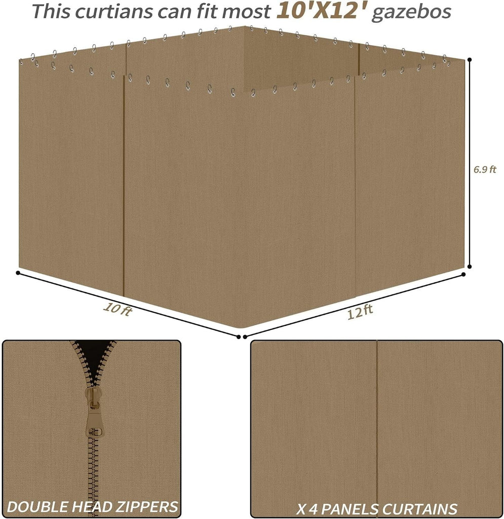10 x 12 Ft Gazebo Curtains, 4 Panels with Zippers, Khaki