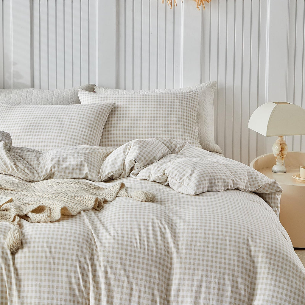 Gingham King Duvet Cover Set, Brown Tan Plaid Checkered Washed Microfiber Comforter Cover Set, 3 Pieces Soft