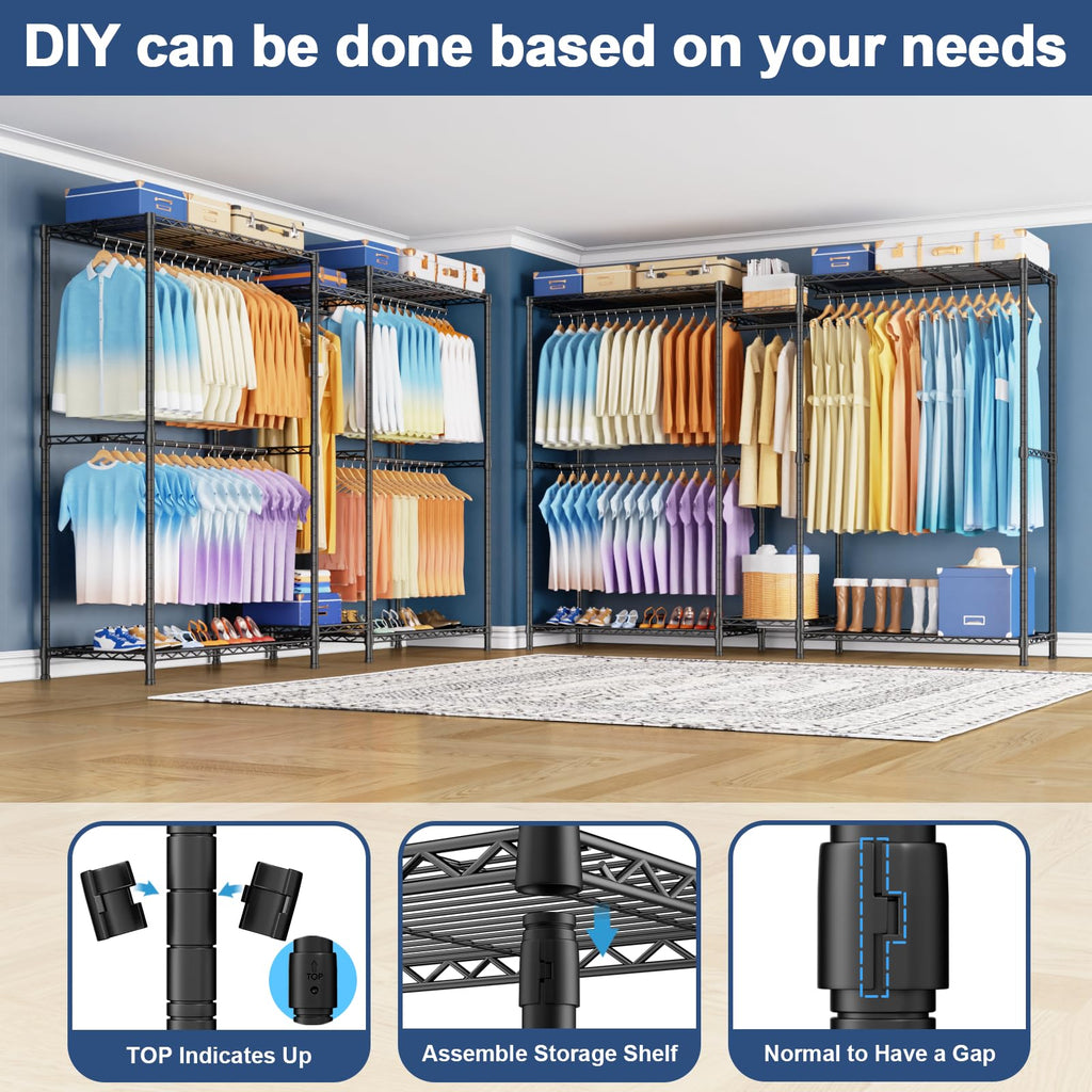 E12 Max Clothes Rack, Heavy Duty Freestanding Garment Rack with Shelves, Metal Clothing Closet Storage System for