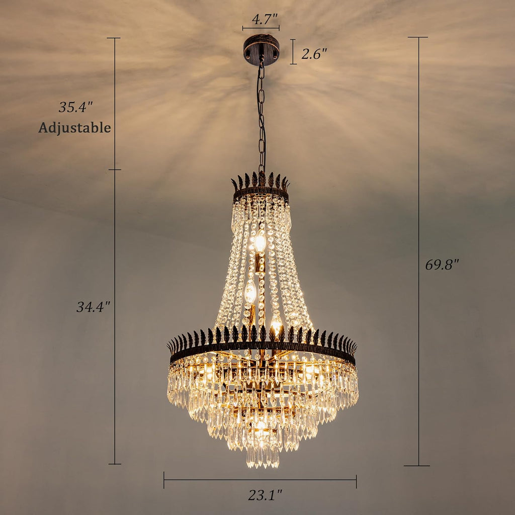 Crystal Chandelier, 7 Lights French Empire Crystals Chandelier for Dining Living Room, Rustic Farmhouse Chandelier Adjustable Antique Bronze Pendant Lighting Fixture for Bedroom, Kitchen, Foyer A108-B0CZKWVYGR