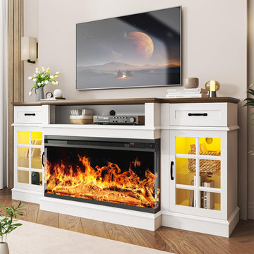 70" with 3-Sided Glass Fireplace, Modern Wood Entertainment Center with LED Lights and Glass Door, 36" Fire Place TV