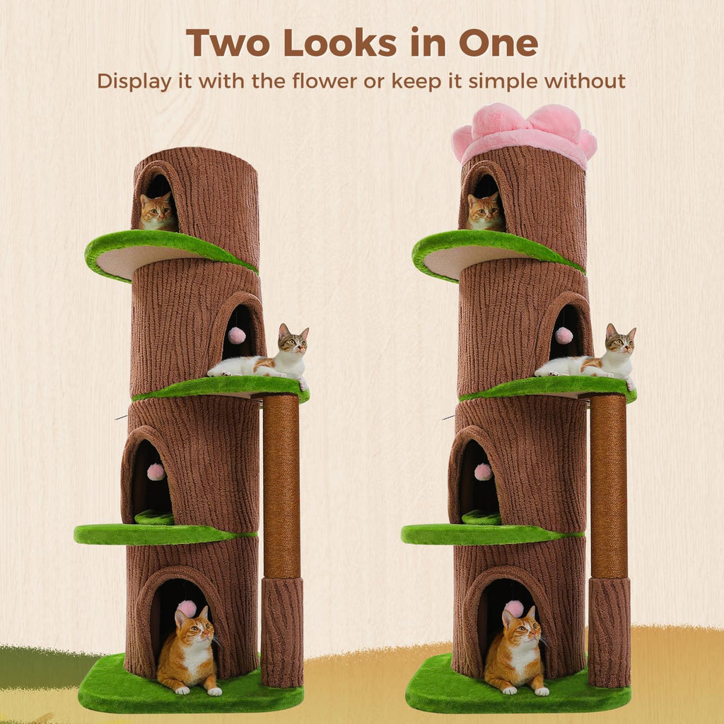 68.5" Forest Cat Tree Tower with 4 Condos & Flower Top Bed, Brown