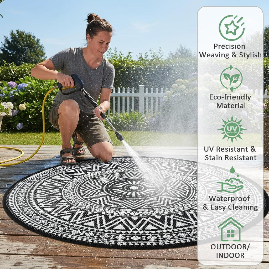 Outdoor Rug Waterproof 5ft Round, Reversible Boho Plastic Straw Patio Camping Area Rugs, Portable Indoor Outdoor RV
