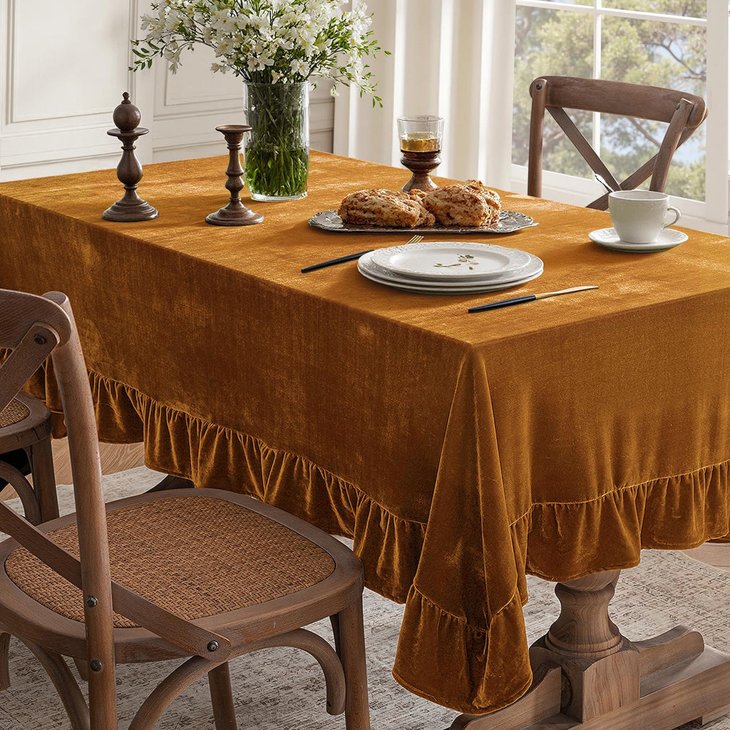 Velvet Tablecloth with Decorative Ruffle 60x102 Inch Gold