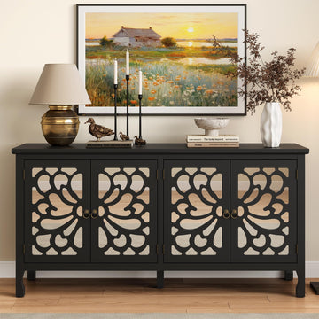 Carved Buffet Cabinet with Mirrored Door, Black
