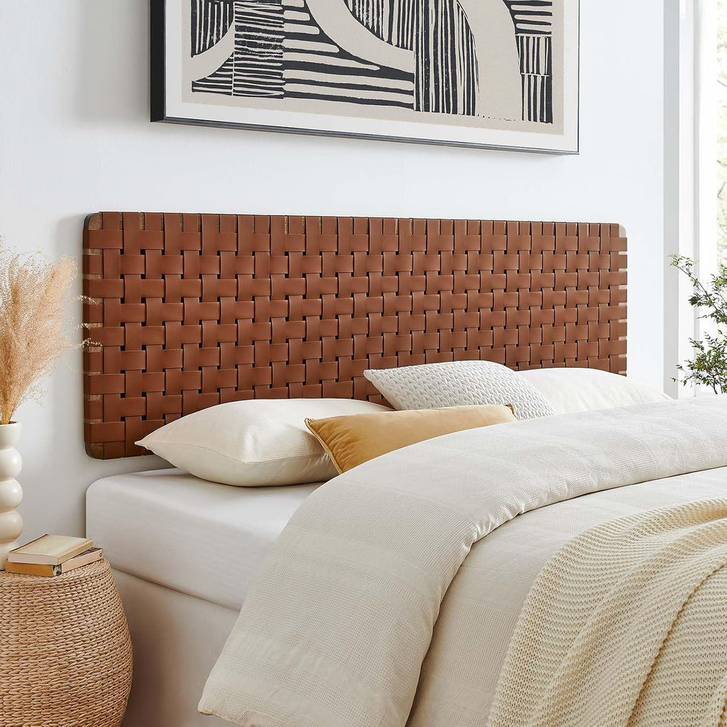 Leather Weave King Headboard in Walnut Brown, Faux Leather King Headboard Only with Wall Mount Design