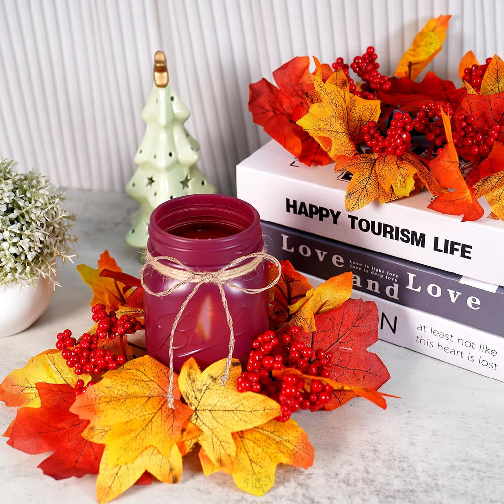 Fall Mason Jar Centerpieces for Tables - Thanksgiving Table Decorations with Autumn Leaves & Berries, Autumn Candle - Set of 3