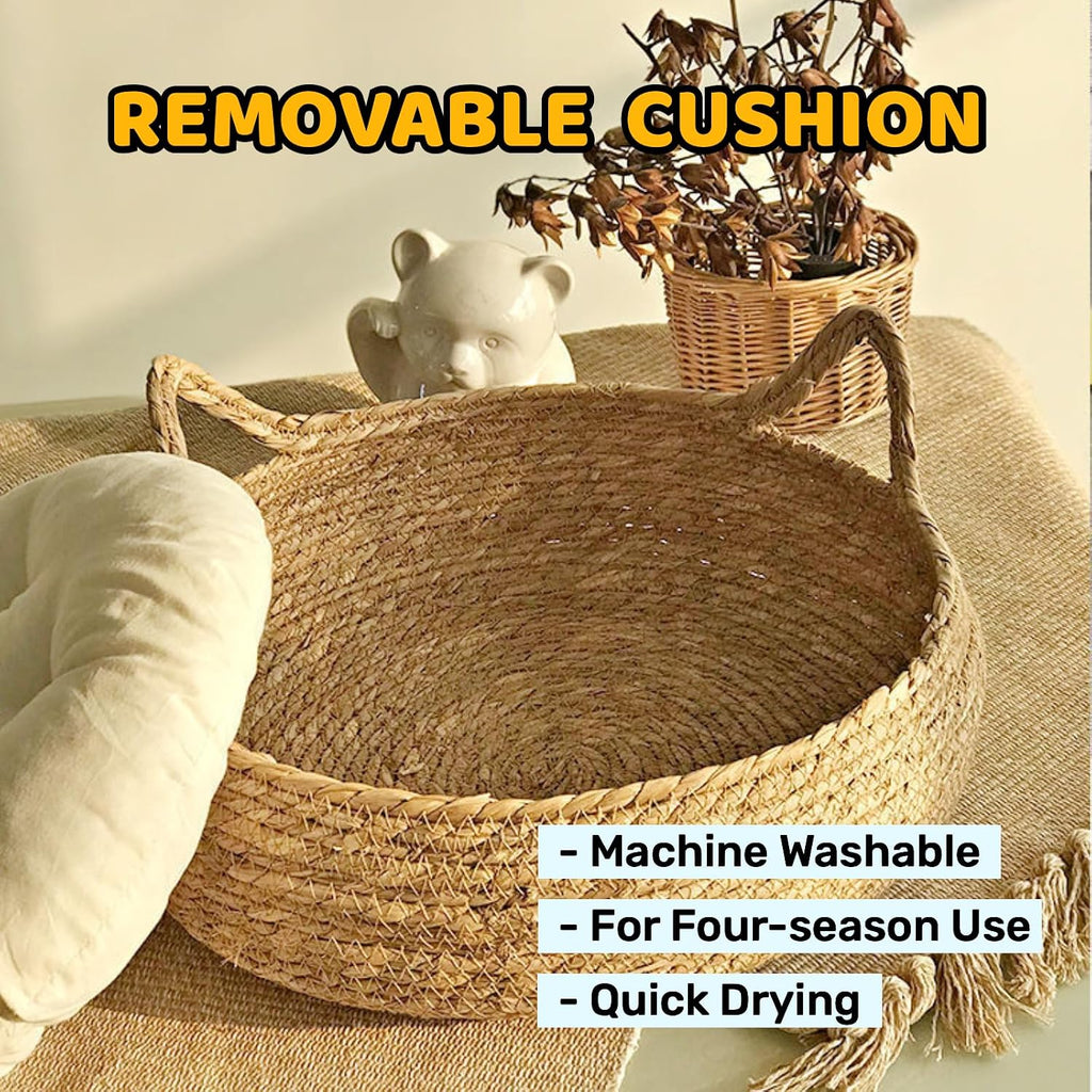 Natural Cat Bed Straw Nest Woven Pet House Braided Cattail Leaf with Soft Cushion 17 x 17 Inches
