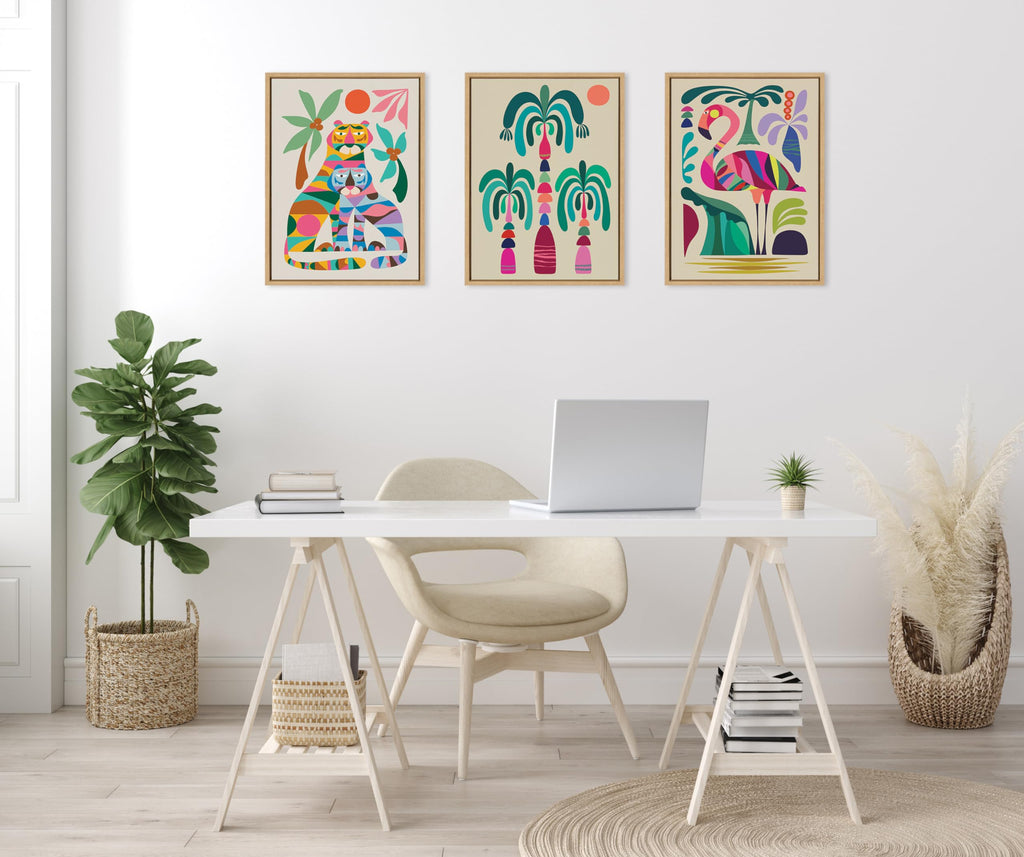Sylvie MCM Flamingo Framed Canvas Wall Art by Rachel Lee; 18x24 Natural; Colorful Mid-Century Animal Art for Wall