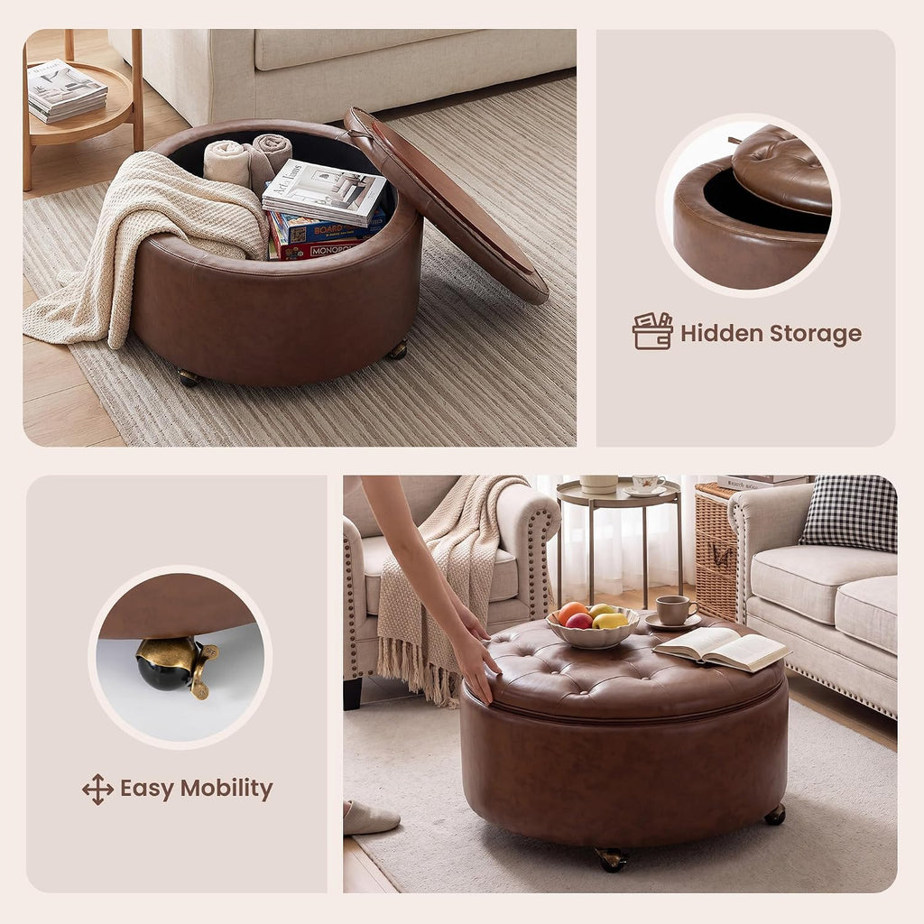 29" Round Storage Ottoman with Reversible Tray, Faux Leather Tufted Coffee Table, Foot Rest Stool with Lockable