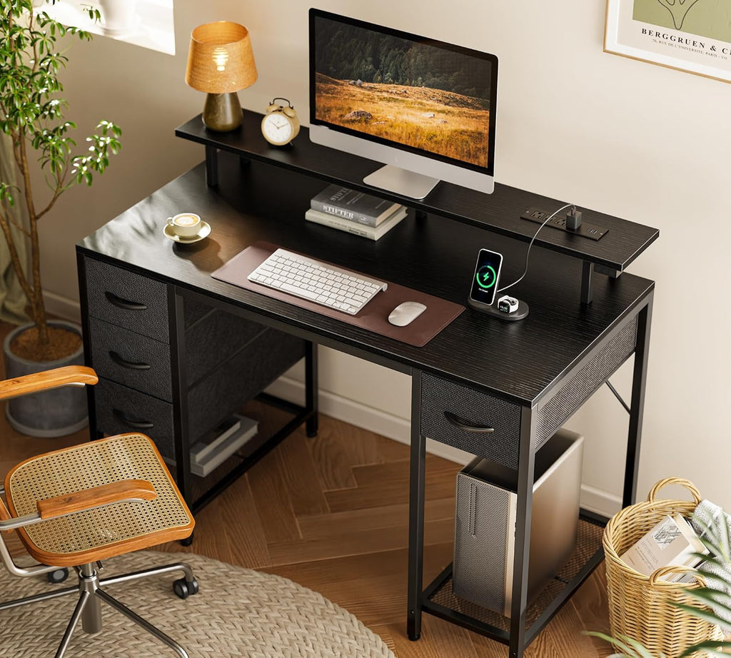 47 inch Computer Desk with 4 Drawers, Gaming Desk with LED Lights & Power Outlets