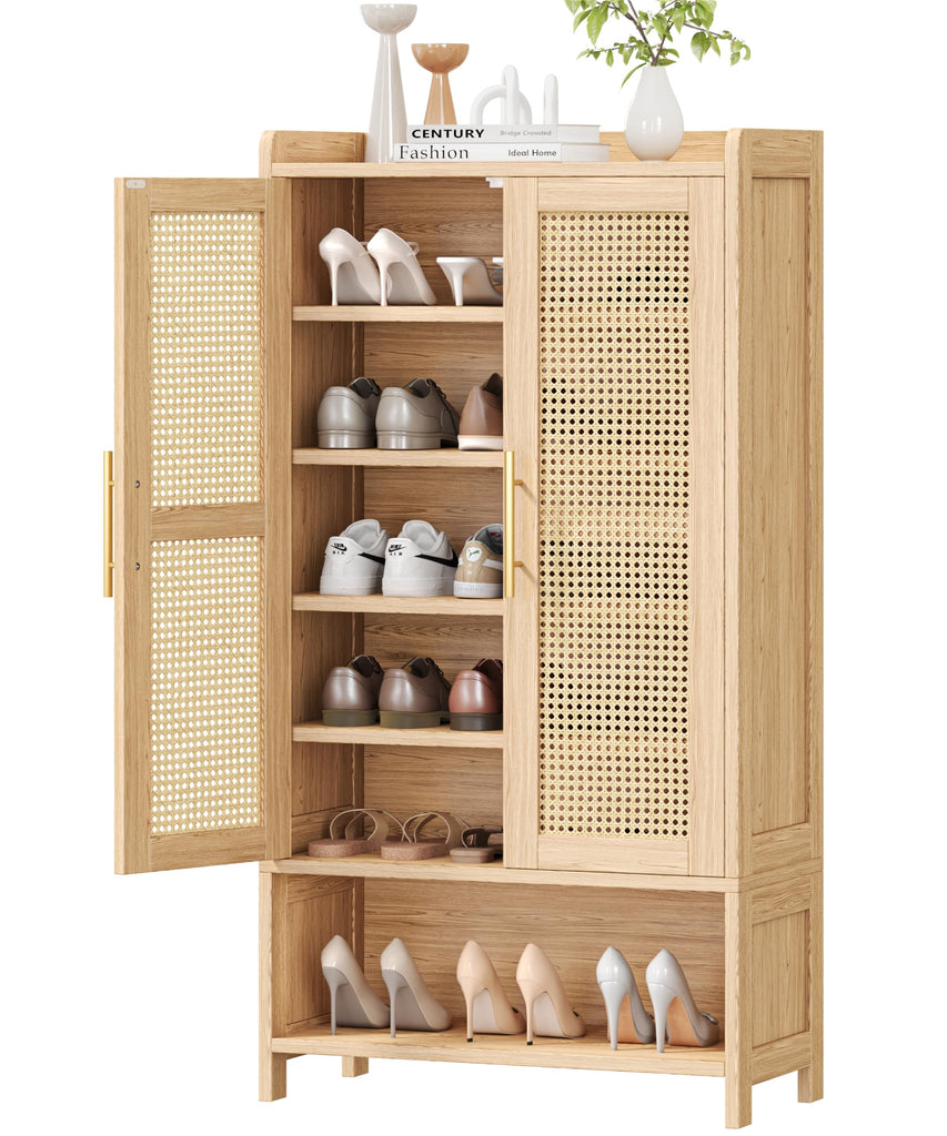 Rattan Shoe Cabinet with Doors & Adjustable Shelves, Natural Oak