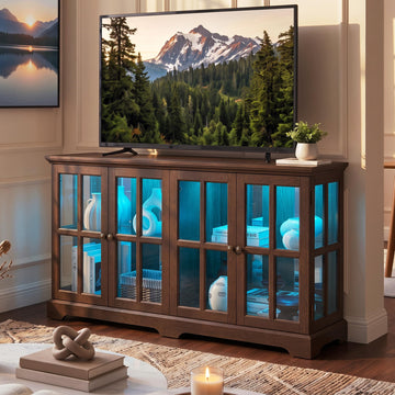 59" W LED Curio Cabinet with 7 Color Lights, Vintage Glass Display Case with Glass Doors, Smartphone-Controlled