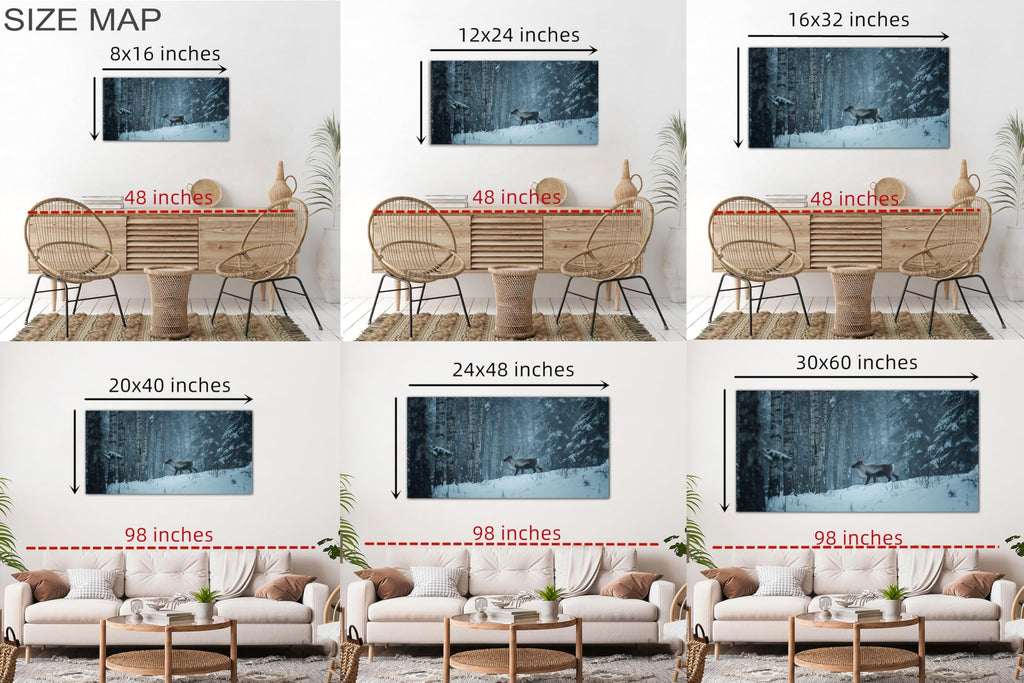 Winter Wall Art Natural Animal Canvas Prints, Rustic Reindeer Painting Christmas Pictures Monochrome Woodland Snow