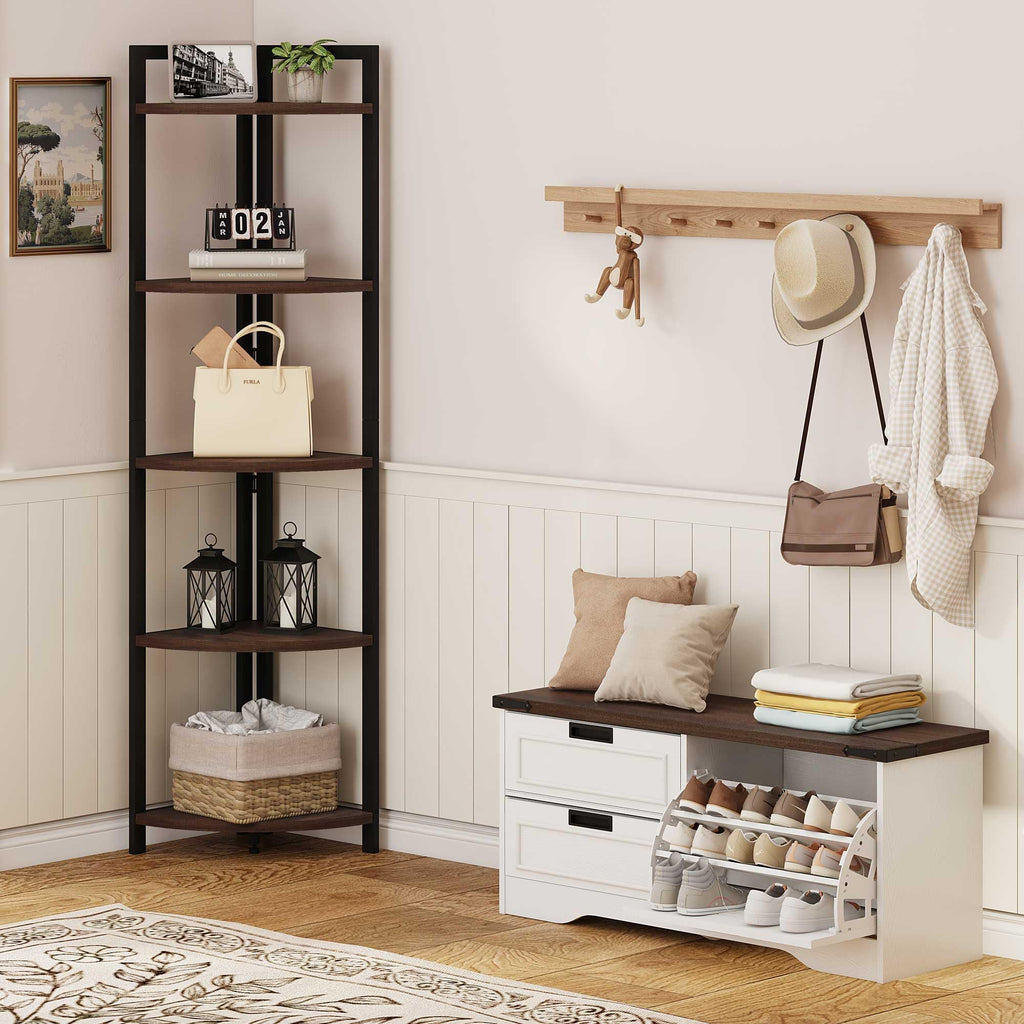 Shoe Storage Bench with Flip Drawer, Wooden Entryway Bench, Modern Shoe Cabinet with Removable Drawers (Walnut Brown