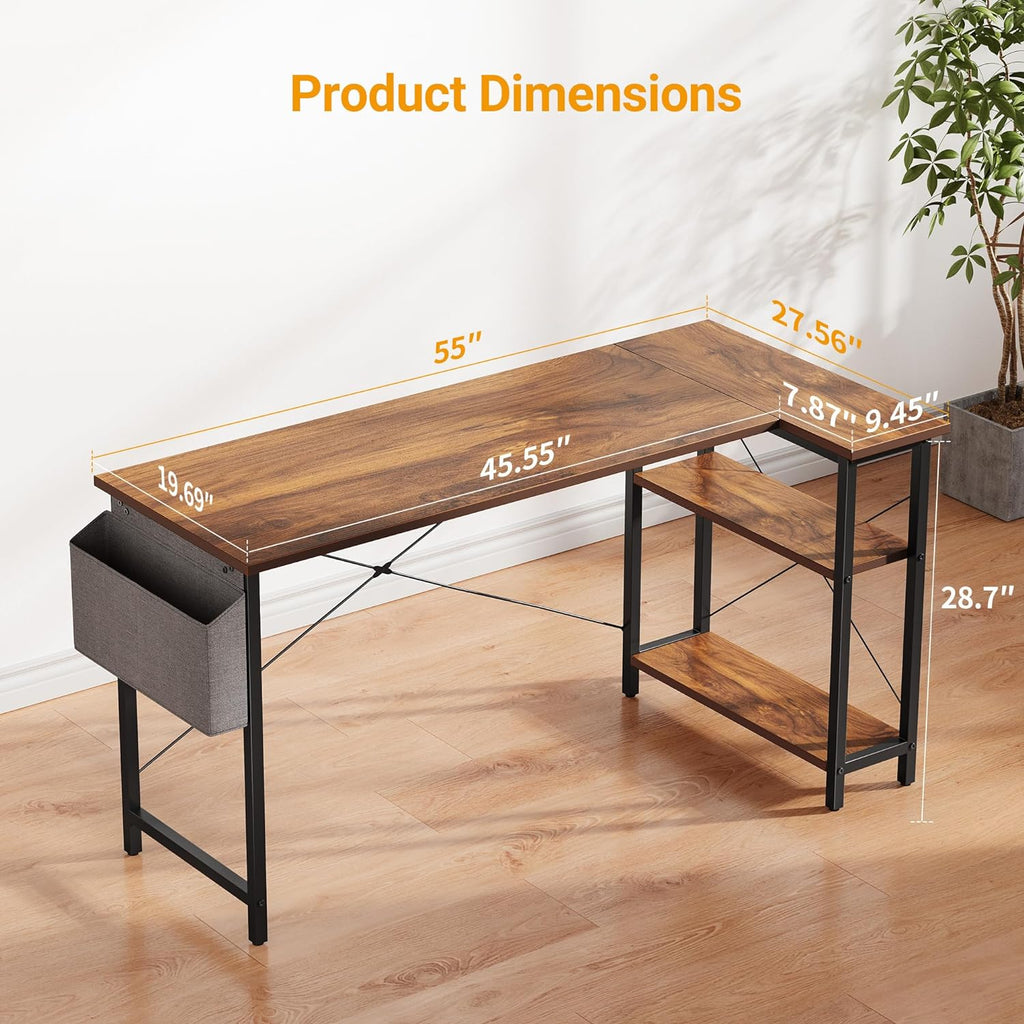 L Shaped Desk, 55" Computer Table with Reversible Storage Shelves Home Office Corner Study Writing Gaming, Brown