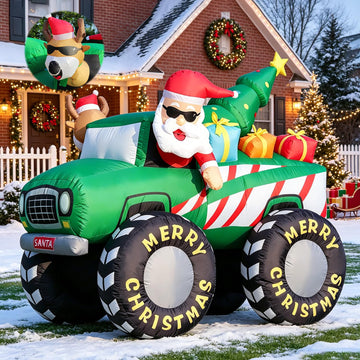 7FT Christmas Inflatables Monster Truck, Santa Claus and Reindeer Drive Monster Truck Blow up Giant Yard Decoration