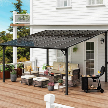 12' x 14' Wall-Mounted Lean-to Gazebo, Aluminum Pergola with Polycarbonate Roof & Solar Light – Black
