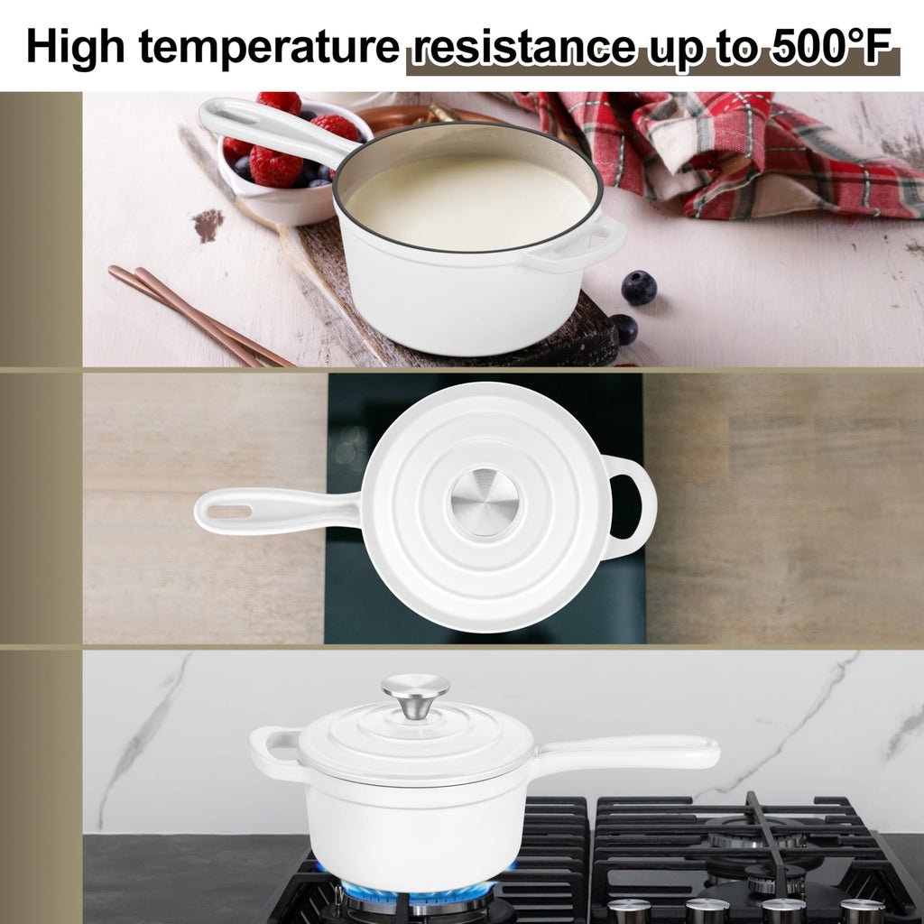 1QT Enameled Cast Iron Saucepan with Lid, Pasta Cookware Pot, White