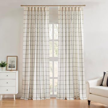 Black Plaid Pinch Pleat Semi Sheer Checkered Linen Blended Window Curtain Drape 95 Inch for Farmhouse Living Room