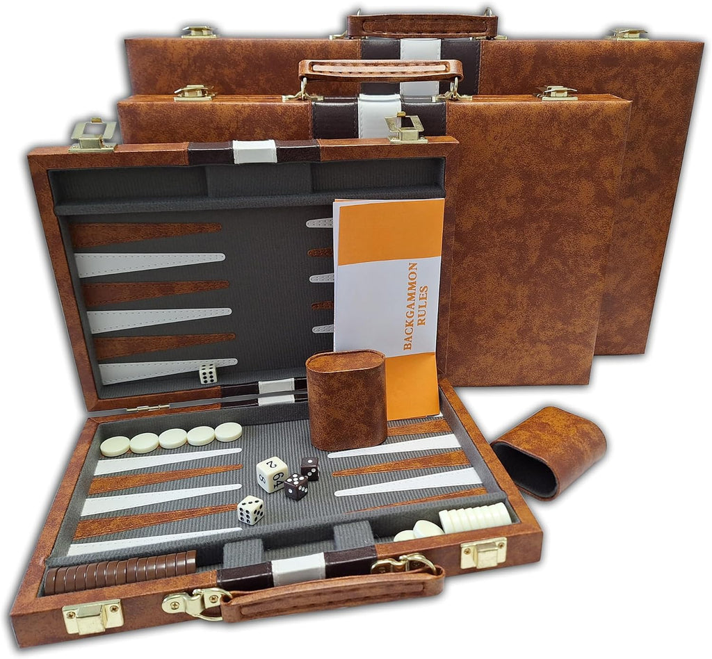 18-Inch Brown & White Vinyl Backgammon Set with Velour Interior, Sewn Points, Dice Cups and Doubling Cube.