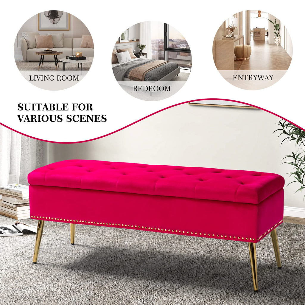 Modern Velvet Storage Ottoman Bench with Gold Base & Nailhead Trim, Upholstered Bedroom Bench for End of Bed