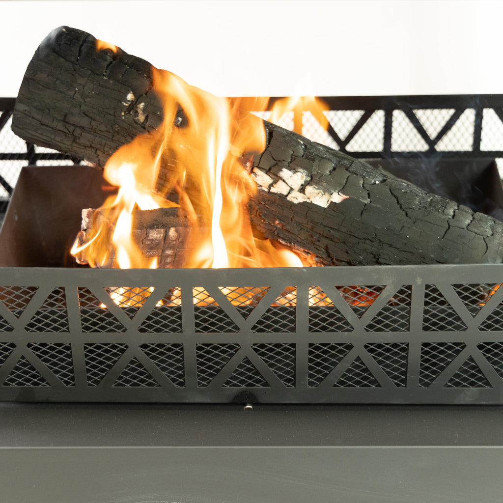 36" Rectangular Steel Outdoor Wood Burning Fireplace - Outdoor Fireplace with Adjustable Cooking Grill & Log Storage