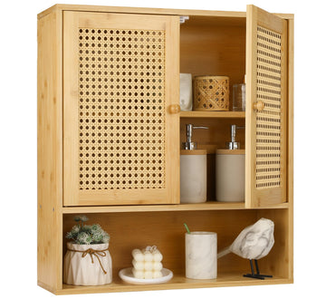 Bamboo Cabinet Wall Mount, Rattan Medicine Cabinet with Shelves and Doors, Wall Cabinet Above Toilet, Storage