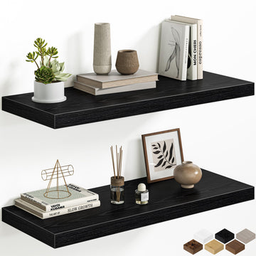 Black Floating Shelves - 2 Pack 30 Inch Long Rustic Wooden Wall Shelves - 12 Inch Deep Wall Mounted Storage Shelf