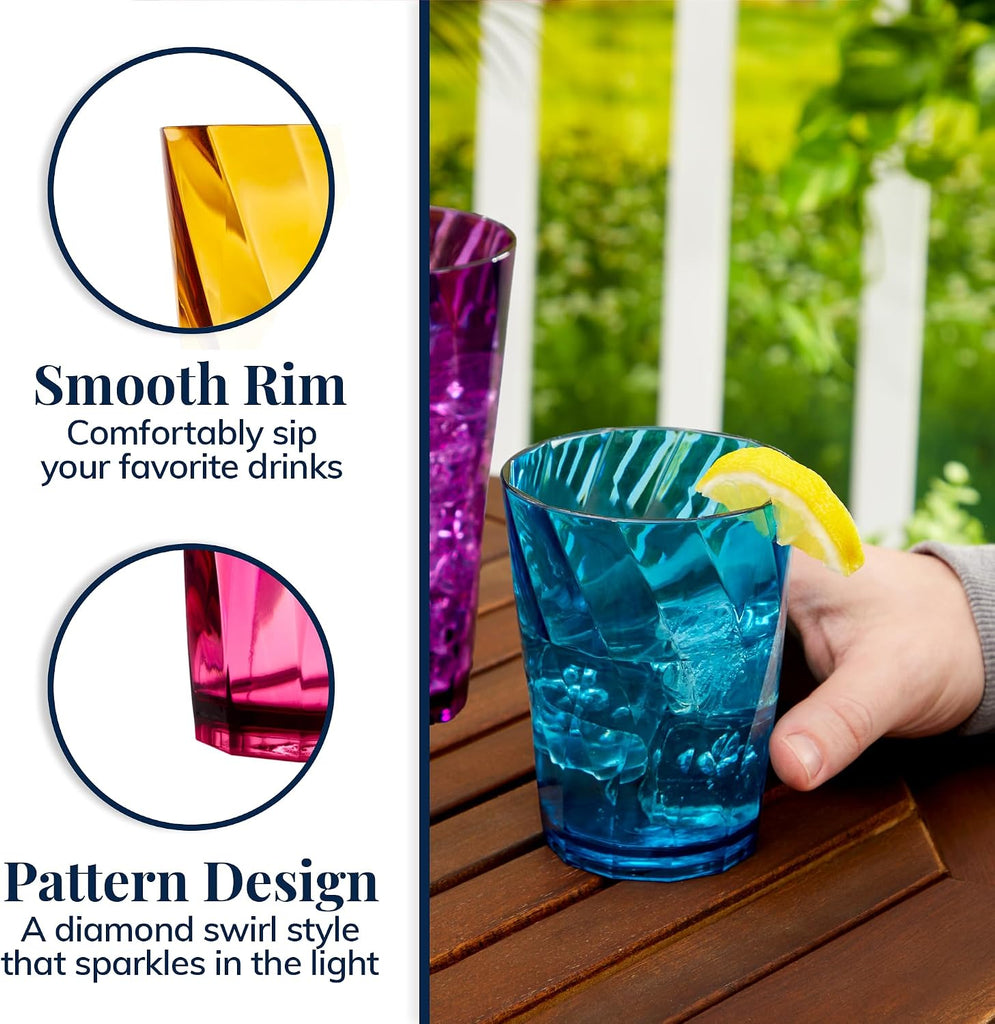 Optix Plastic Reusable Drinking Glasses (Set of 16) 14oz Rocks & 20oz Water Cups in Jewel Tone Colors | BPA-Free