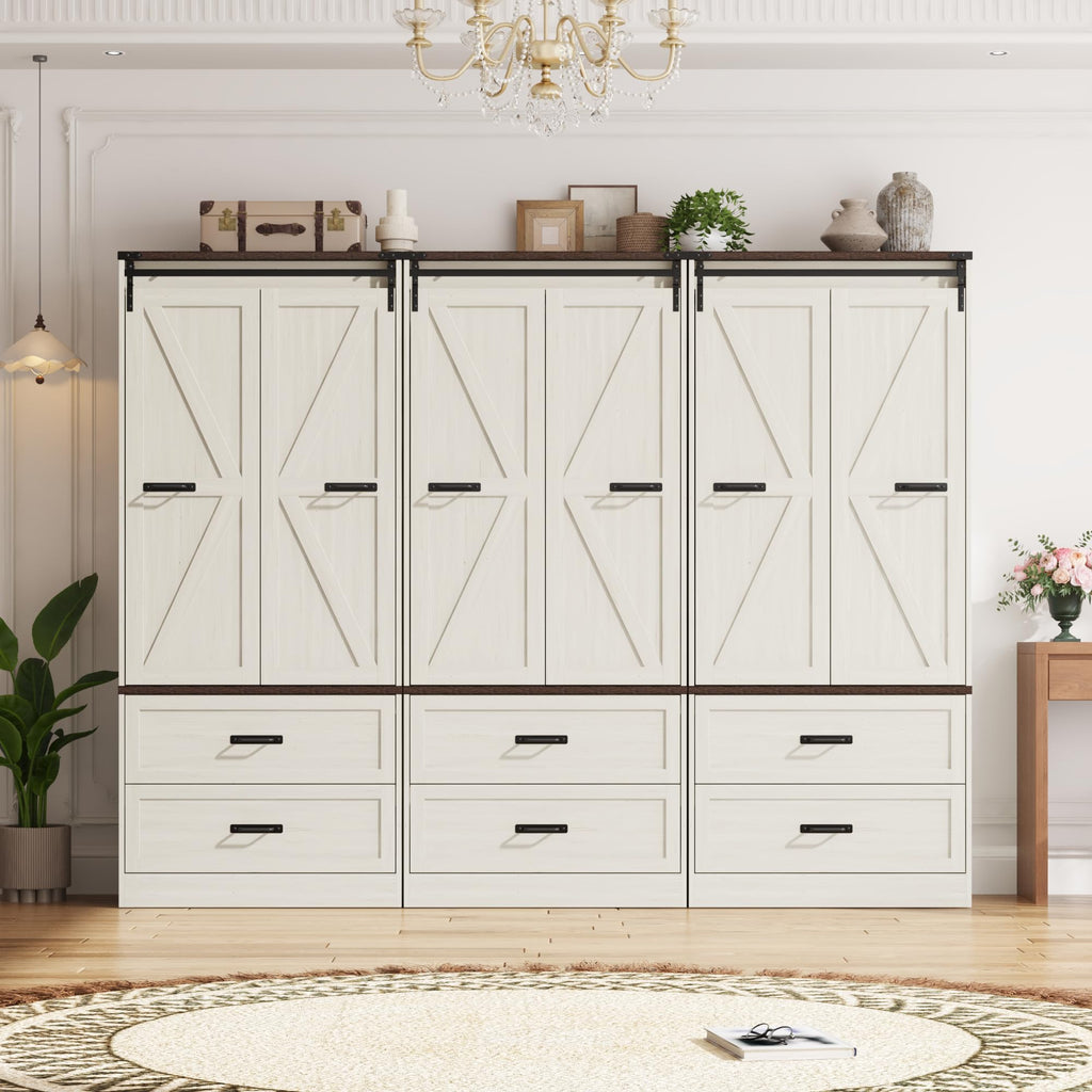 Farmhouse Wardrobe Armoire Closet with 6 Doors and 6 Drawers, Antique White