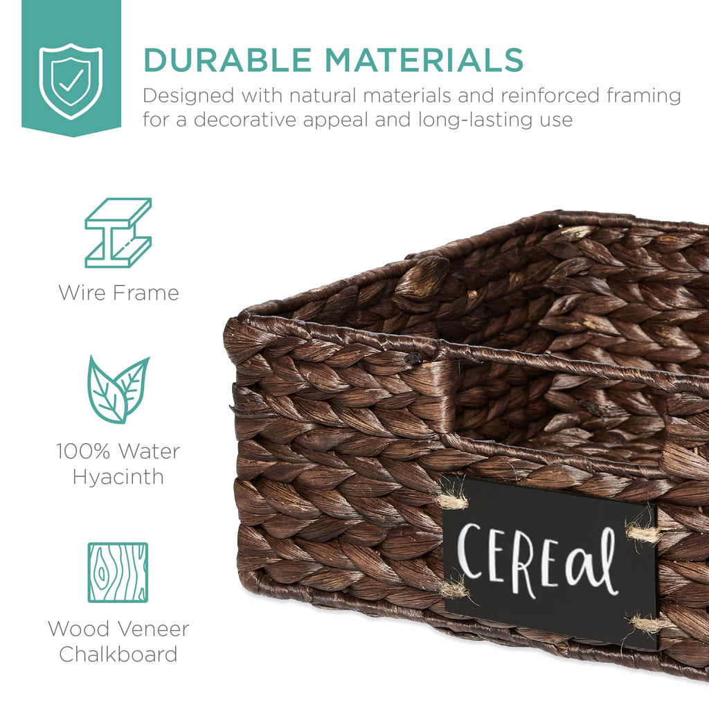 Set of 4 13x12in Water Hyacinth Pantry Baskets, Woven Organizers w/Chalkboard Label, Chalk Marker - Brown