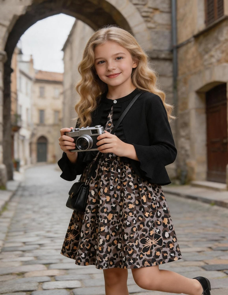 Floral Dress Set, Ruffled Rib Knit Cardigan and Swing Sleeveless Pocket Dresses for Girl Daily Party Outfit