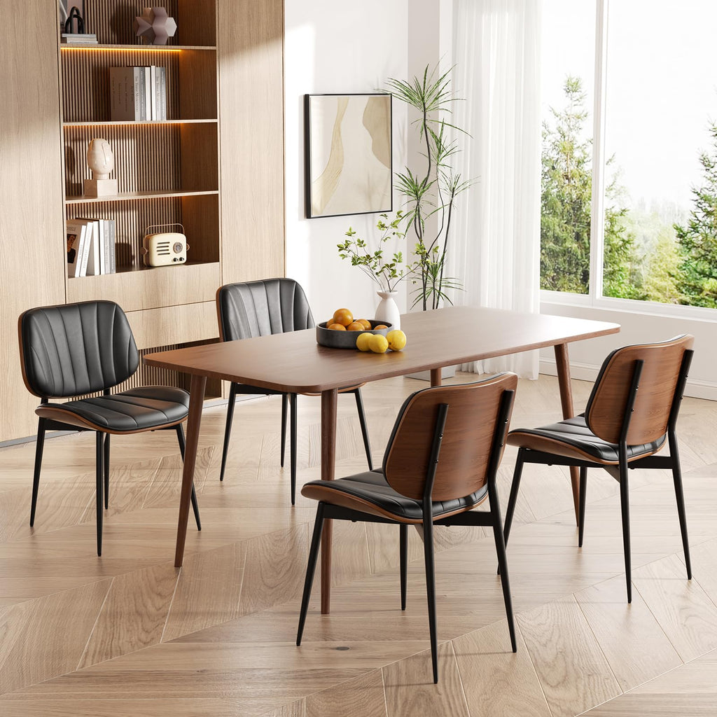 Mid Century Modern Dining Chairs Set of 8, Upholstered Faux Leather Kitchen Dining Room Living Room Chairs, Walnut