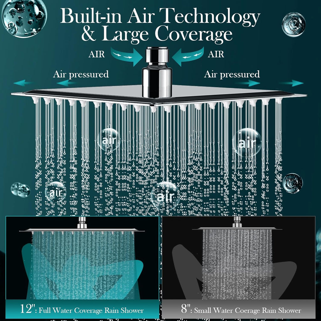 12'' Rain Shower Head Combo, High Pressure Rainfall Shower Head with 16'' Flexible Adjustment of Height/Angle Upgraded