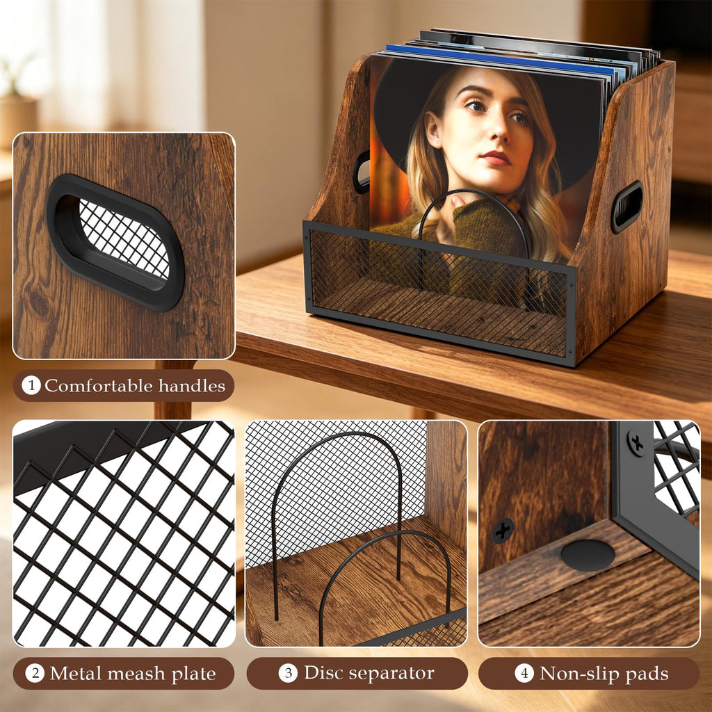 Vinyl Record Storage, Wooden Crate ‌Vinyl Holder with 2 Dividers