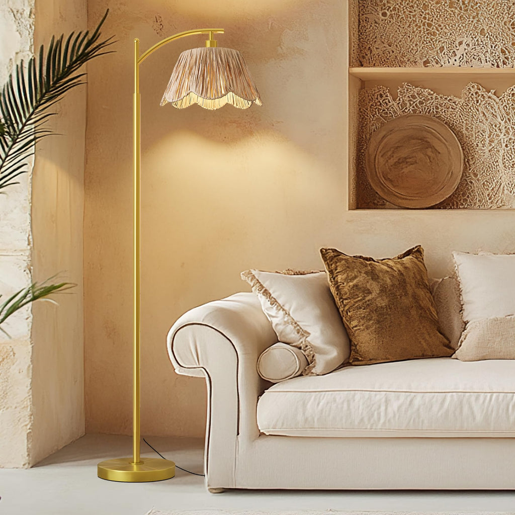Arc Floor Lamp,Rattan Boho Floor Lamp Decor with Hand-Woven Shade, Foot Switch,Gold Metal Base & Pole,Farmhouse