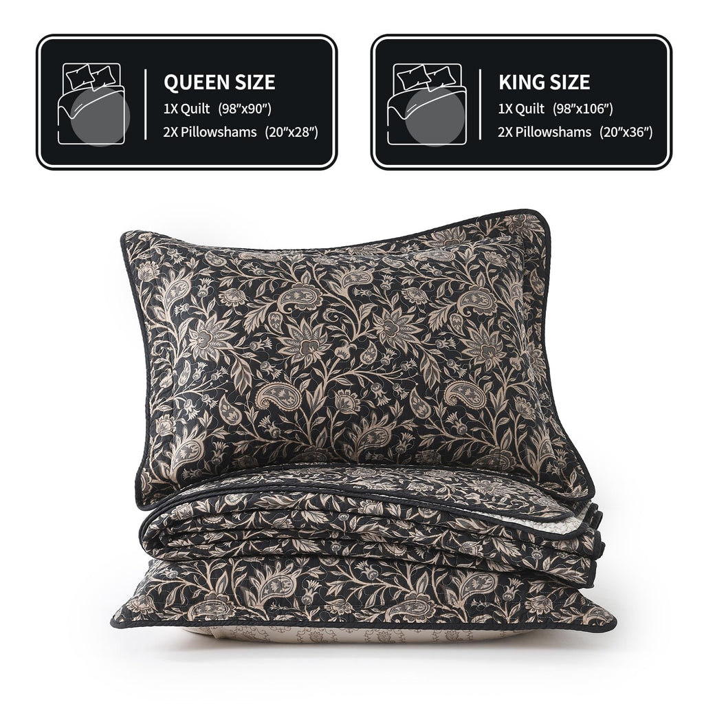 100% Cotton Quilt Set, Traditional Vintage Floral, Black/Cream