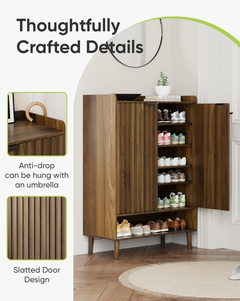 Large 6-Tier Shoe Storage Cabinet with Fluted 2 Doors, 44" Tall Freestanding Entryway Shoe Cabinet with Adjustable